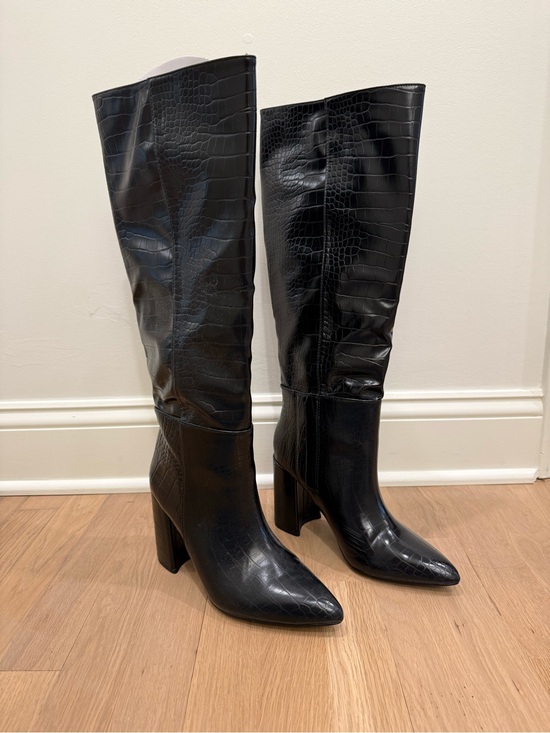 Shoes - Black Croc-Embossed Knee-High Heeled Boots